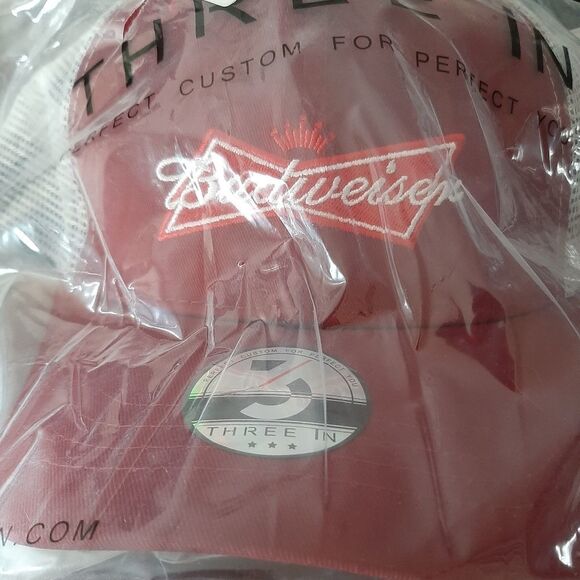 New Budweiser Red White Three In Adjustable Hat Baseball Cap - Picture 4 of 4